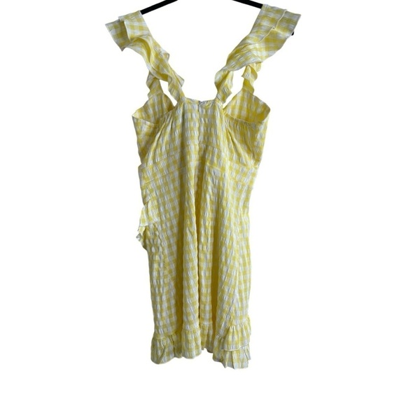 SNDYS The Label Tie Front Yellow Gingham Ruffle Mini Dress Large - Picture 9 of 11
